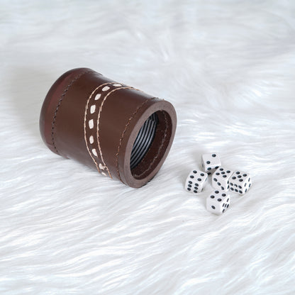 cup, dice cup. leather dice cup, black cup, blrown dice cup, brown leather dice cup, leather backgammon dice cup