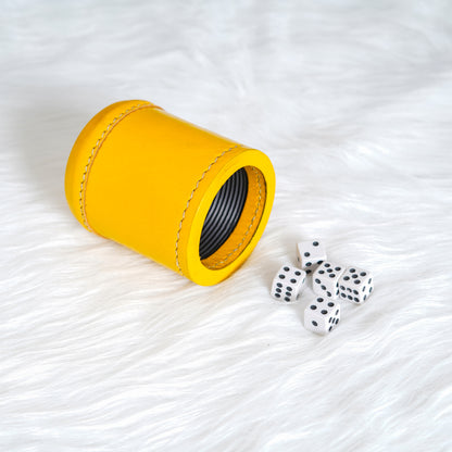 dice cup, leather dice cup, yellow dice cup, yellow leather dice cup, leather antique dice cup