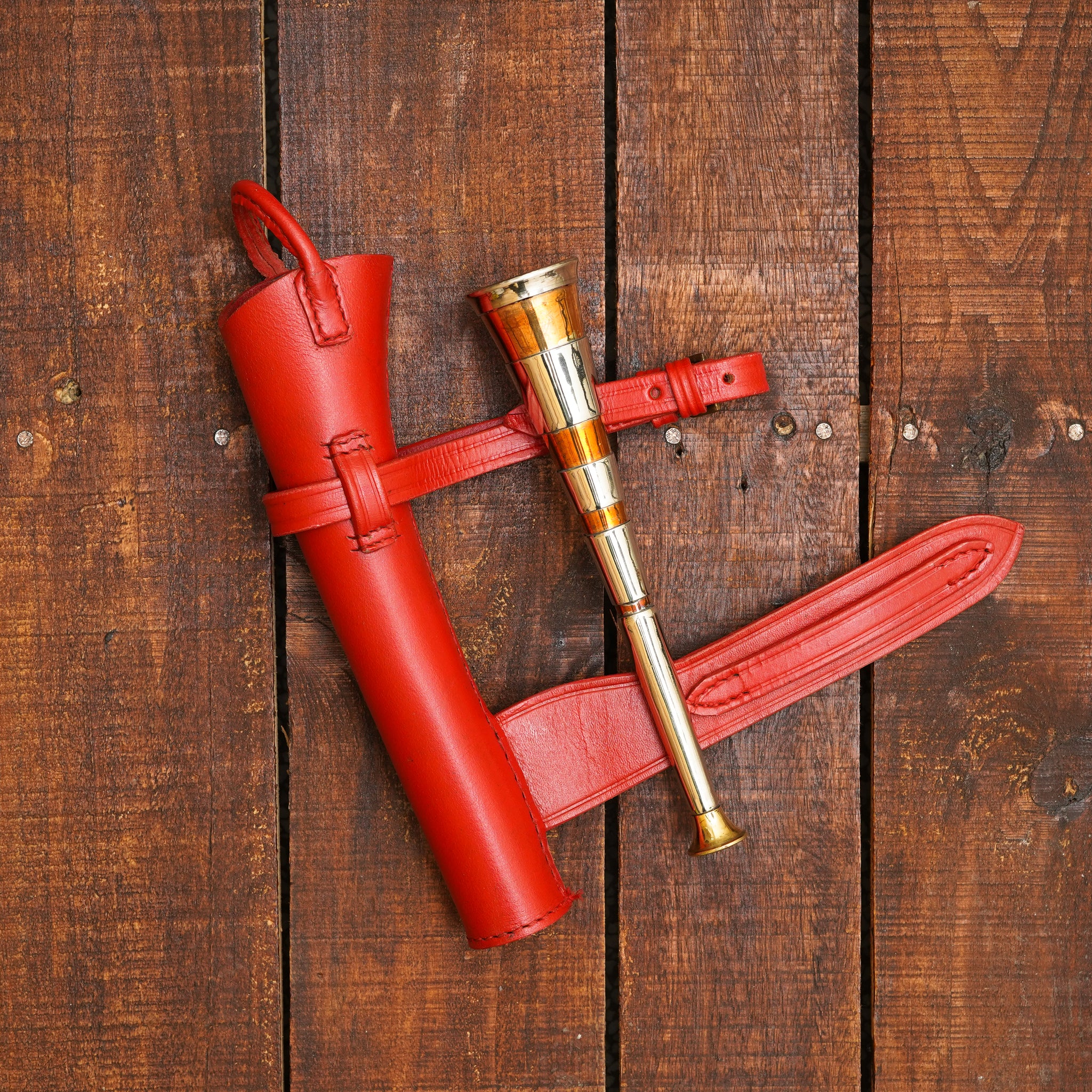 red leather case, fox hunting copper horn, fox hunting horn
