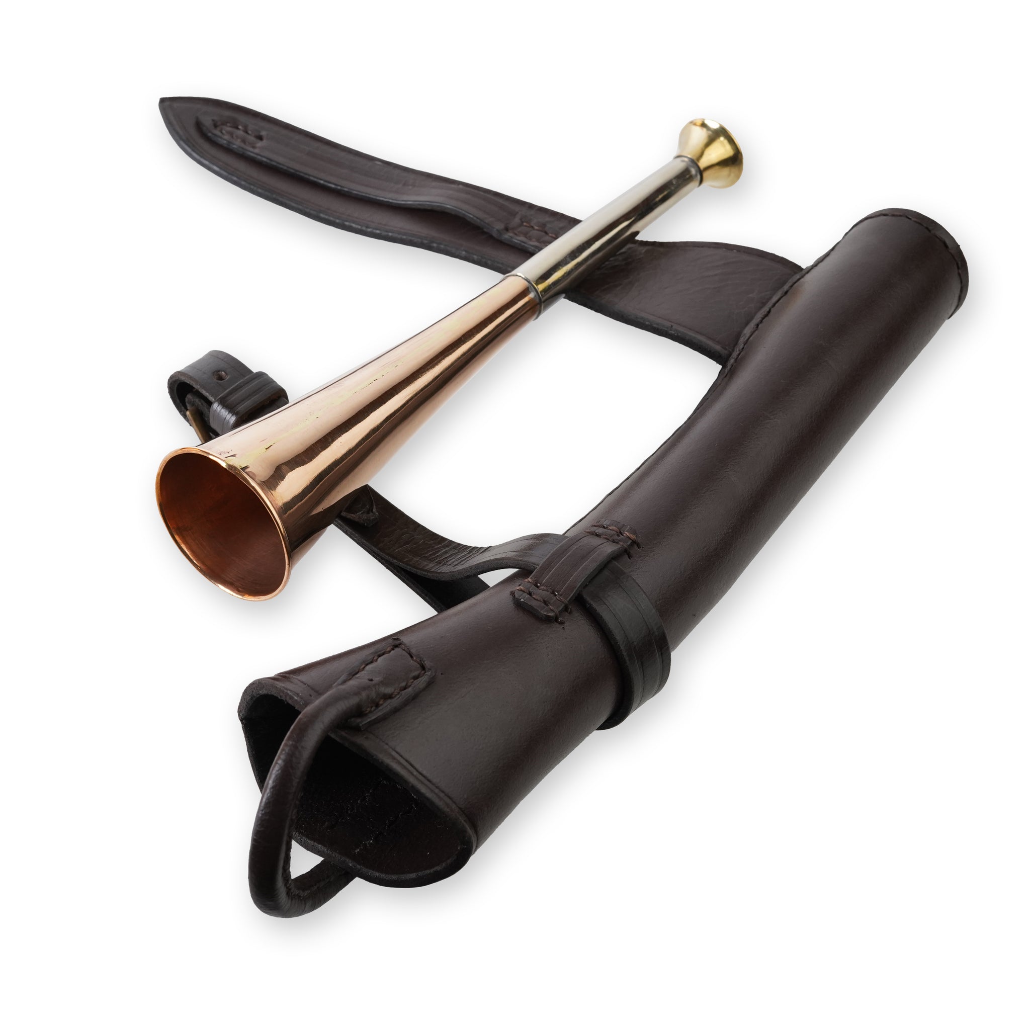 red leather case, fox hunting copper horn, fox hunting horn