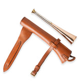 hunting horn, fox hunting horn, fox horn, brown leather case, leather case, copper fox hunting horn