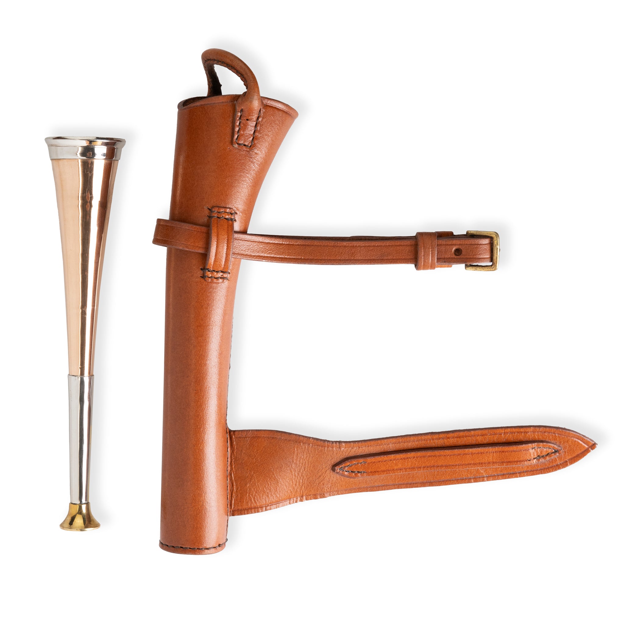 red leather case, fox hunting copper horn, fox hunting horn