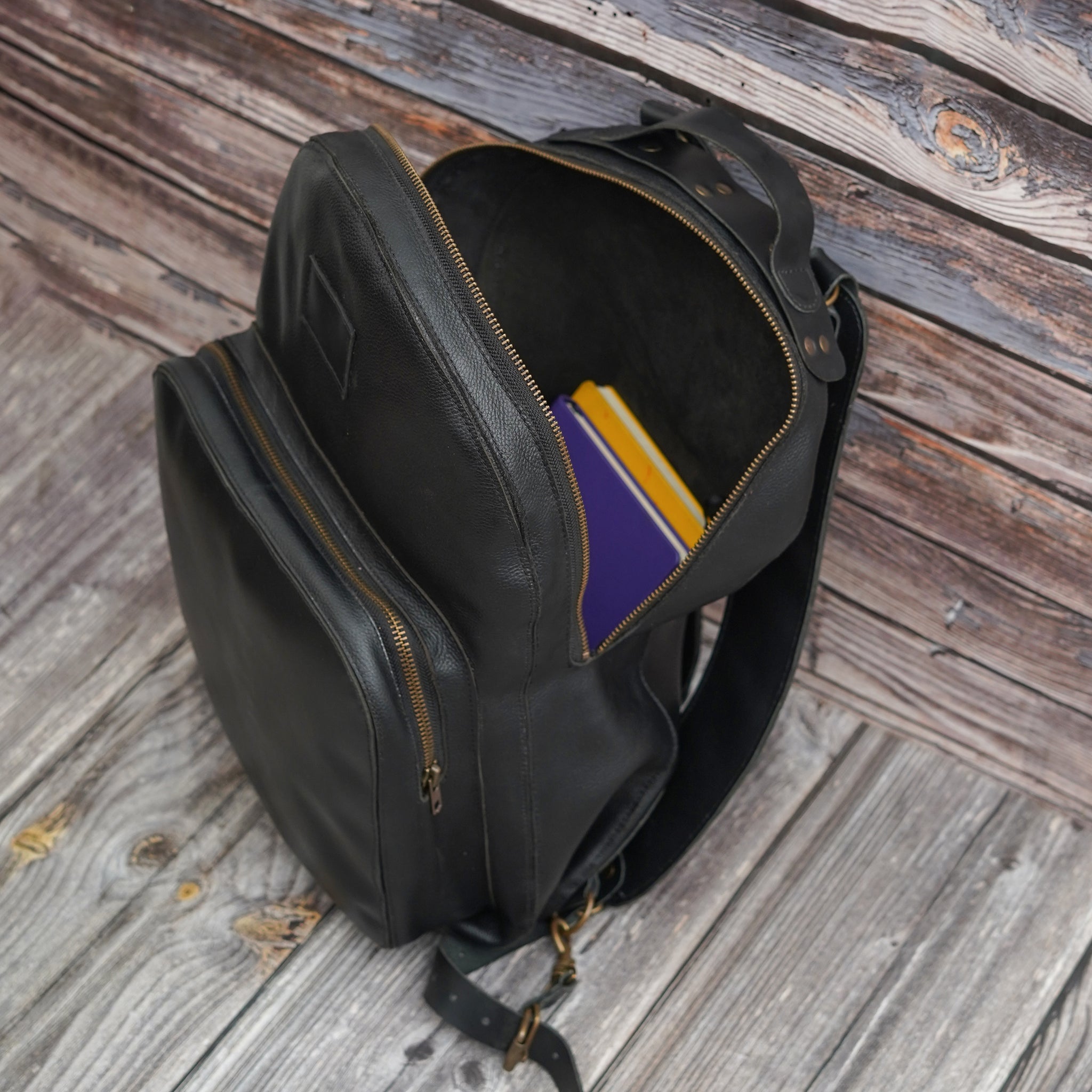 black leather laptop backpack