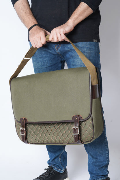 leather bag, leather canvas bag, canvas satchel bag, bag with game pocket, satchel bag, leather satchel bag