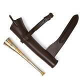 hunting horn, fox hunting horn, fox horn, brown leather case, leather case, copper fox hunting horn