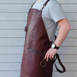 leather apron, leather work apron, professional leather apron, leather apron with tool holder, burgundy leather apron, leather apron straps